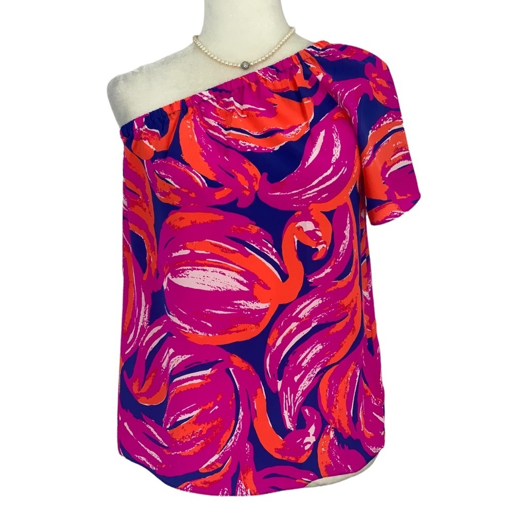 Lily Pulitzer Silk Flamingo One Shoulder Blouse C4 - Picture 2 of 11